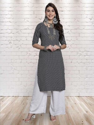 EthnicBasket Women Printed A-line Kurta(Black, White)