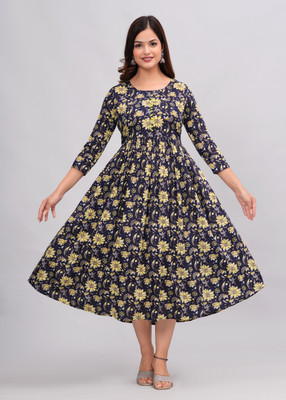 TANTANATAN Women Printed Anarkali Kurta(Dark Blue)