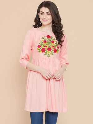 all about you Women Embroidered A-line Kurta(Pink)