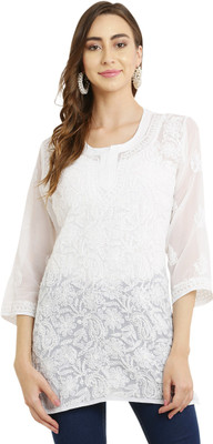 Lucknowi Chikankari Women Chikan Embroidery Straight Kurta(White)