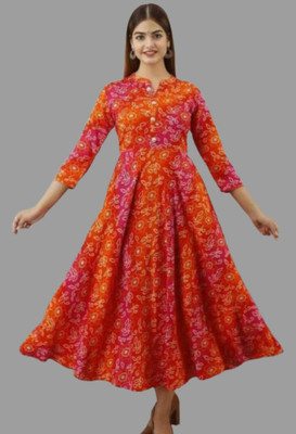 PSFabrics Women Floral Print Flared Kurta(Orange)