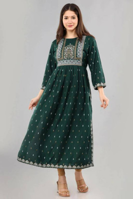 Netara Women Block Print A-line Kurta(Green)