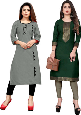 AAIKHODAL Women Applique Straight Kurta(Grey, Green)