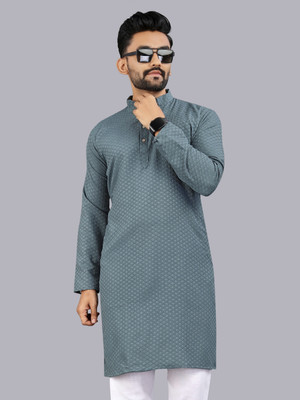 JINIK Men Geometric Print Straight Kurta(Grey)