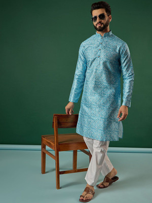 ANOUK Men Geometric Print Straight Kurta(Blue)