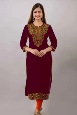 GODWEEN Women Embroidered Straight Kurta(Red)