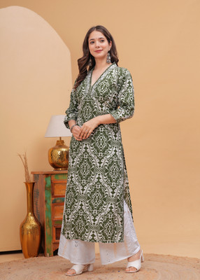 EverDress Women Printed Straight Kurta(Green, White)