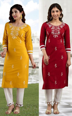 vikshi Women Chikan Embroidery A-line Kurta(Multicolor)