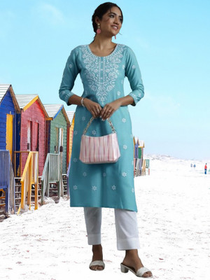 PRITITEX Women Embroidered Straight Kurta(Light Blue)