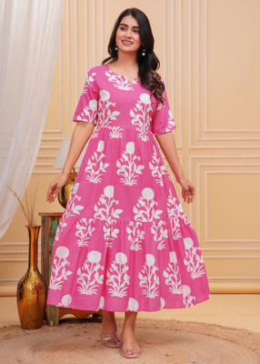 MANRA CREATION Women Fit and Flare Pink Midi/Calf Length Dress