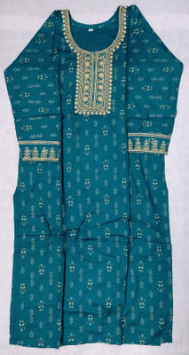 ABC Women Chikan Embroidery A-line Kurta(Blue)