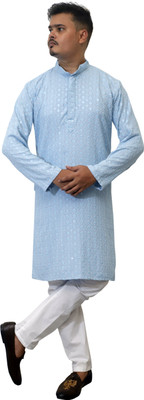 Wallaby Men Embroidered Straight Kurta(Light Blue)