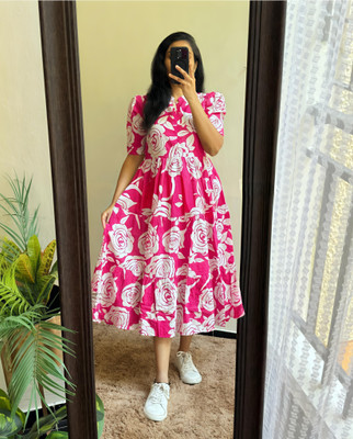 VIHIN TEXTILE Women Floral Print Anarkali Kurta(Pink)