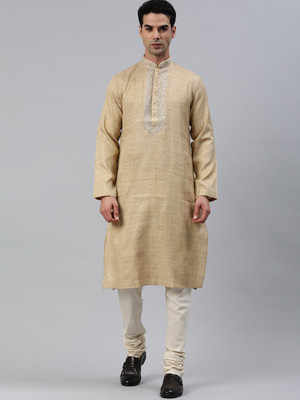 Manthan Men Self Design Flared Kurta(Beige)