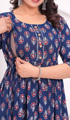 UR7 Women Floral Print Anarkali Kurta(Dark Blue)