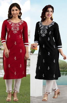 SISTO Women Chikan Embroidery Straight Kurta(Multicolor)