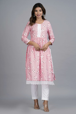 Lihimisu Women Floral Print A-line Kurta(Pink)