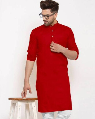 HouseOfCommon Men Solid Straight Kurta(Red)