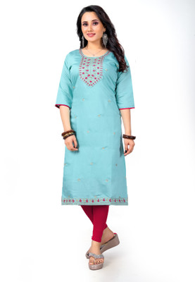 EZenterprises Women Embroidered A-line Kurta(Light Blue)