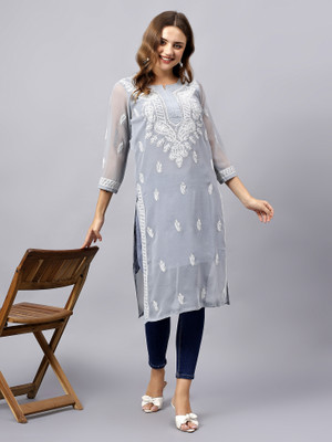 Neelam Chikan Women Chikan Embroidery Straight Kurta(Grey)