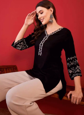 TIYASQA Women Embroidered A-line Kurta(Black)