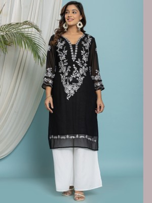 VEDANA Women Embroidered Straight Kurta(Black)