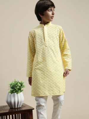 Sanwara Boys Chikan Embroidery Straight Kurta(Yellow)