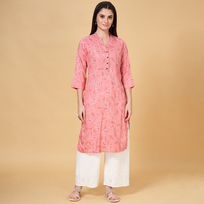 Rangmanch by Pantaloons Women Printed Straight Kurta(Pink, White, Beige)