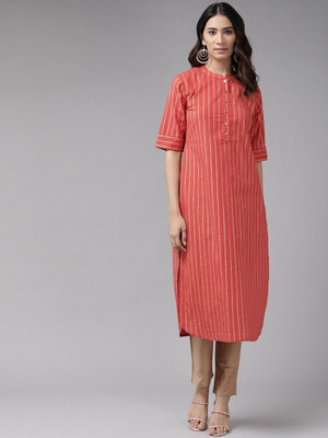 Yash Gallery Women Striped Straight Kurta(Red)