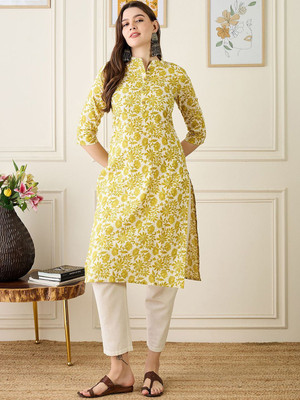 ANOUK Women Floral Print Straight Kurta(Yellow)