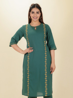 Aramya Women Solid Straight Kurta(Green)