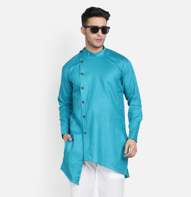 AEW DESIGNS Men Solid Trail Cut Kurta(Light Blue)