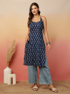 Nayo Women Printed Straight Kurta(Blue)