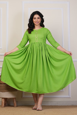 Rangeelo Jaipur Women Solid Flared Kurta(Green)