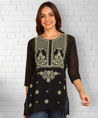 Anmi Embroidered Kurta Without Slip Chikan Embroidery, Embroidered Women A-line Kurta(Black)