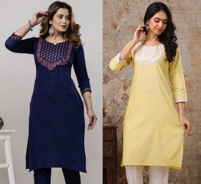 AuzaSho Collection Women Embroidered Straight Kurta(Dark Blue, Yellow)