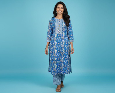 KAKKA JI COLLECTIONS Women Floral Print Straight Kurta(Blue)