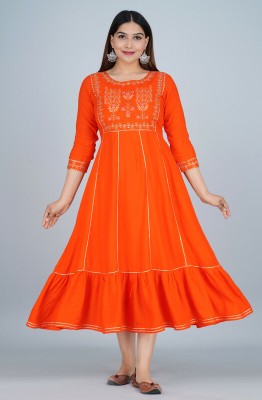 ARCTEE Women Printed Anarkali Kurta(Orange, Gold)