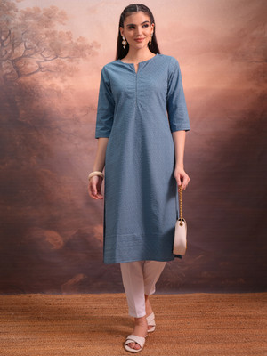 Vishudh Women Embroidered Straight Kurta(Blue)