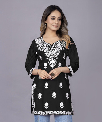 MADHAVLIFESTYLE Women Chikan Embroidery A-line Kurta(Black)