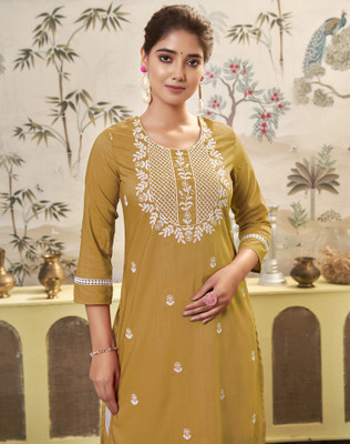 Anmi Embroidered Women Straight Kurta(Yellow)