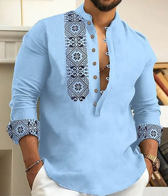 DIMMY Men Printed A-line Kurta(Light Blue, Black)