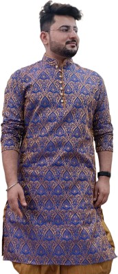 26 i Men Self Design Straight Kurta(Dark Blue, Gold)