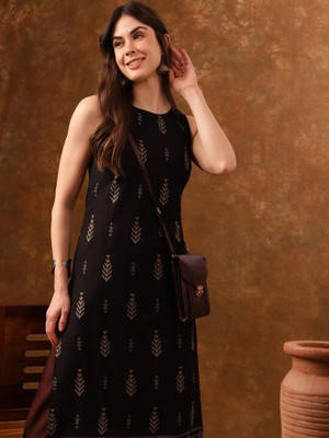 Brown Era Women Printed Straight Kurta(Black)