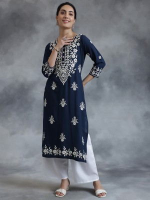 LIBAS Women Embroidered Straight Kurta(Dark Blue, White)