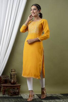 JYOTIASHA Women Embroidered Straight Kurta(Yellow)