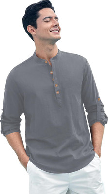 Yugnik Men Solid Straight Kurta(Grey)