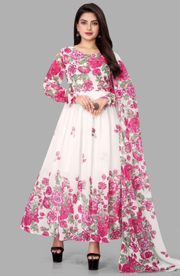 Parth Creation Women Floral Print Anarkali Kurta(White)