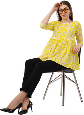 shadowenterpri Women Floral Print A-line Kurta(Yellow)