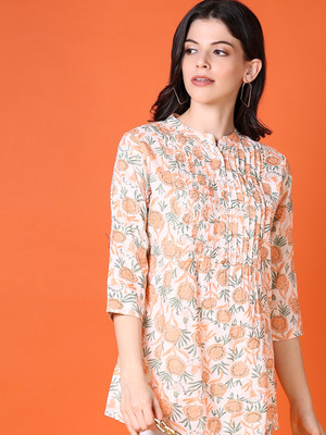V-MART Women Printed A-line Kurta(Orange)